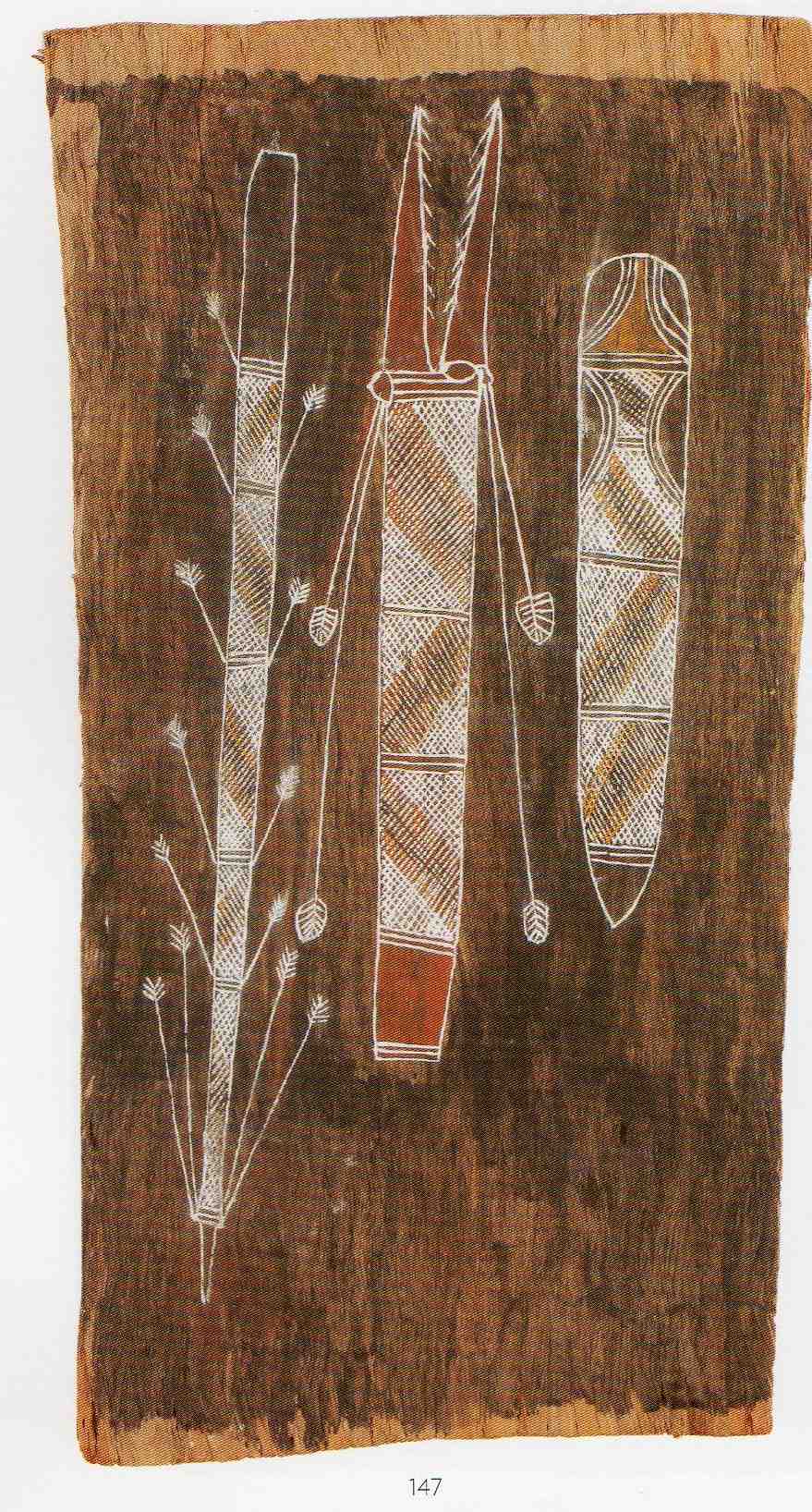 3 totems painted on bark