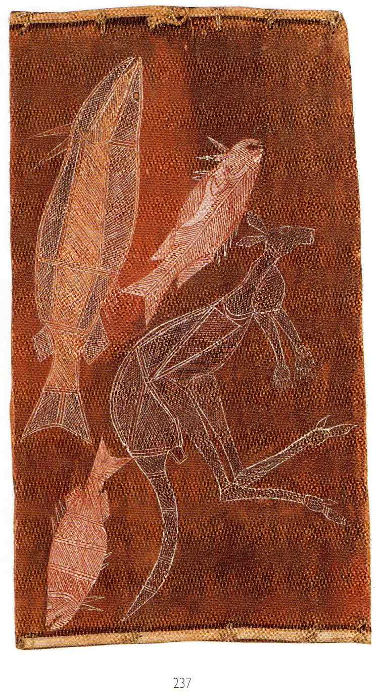 bark painting of three fish and a kangaroo