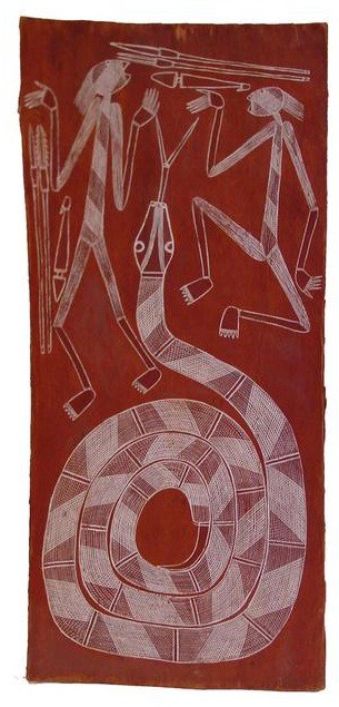 Ngainjmira bark painting of a snake and two mimi spirits