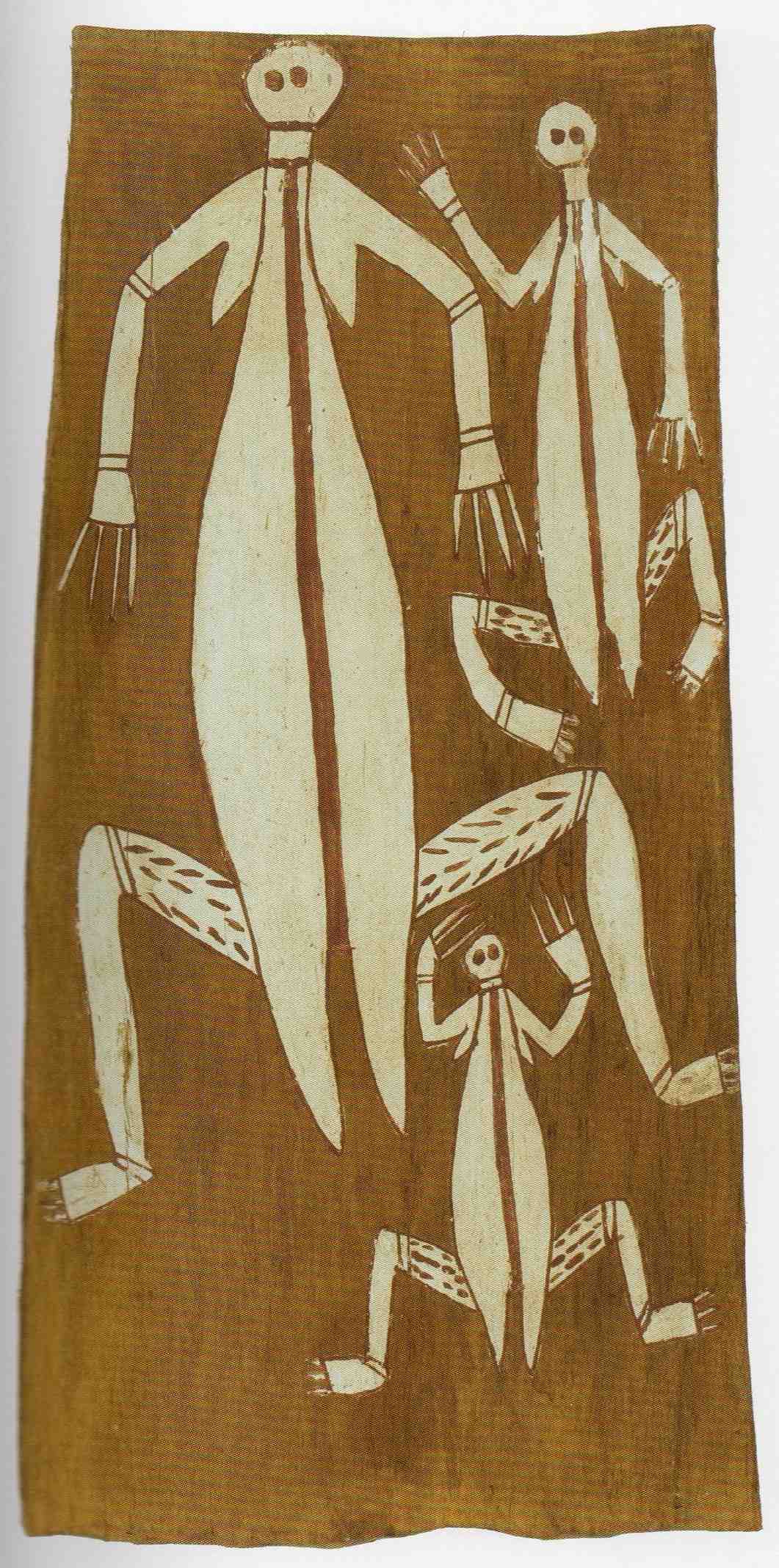 Bark painting of three female spirits by Jimmi Midjau Midauru