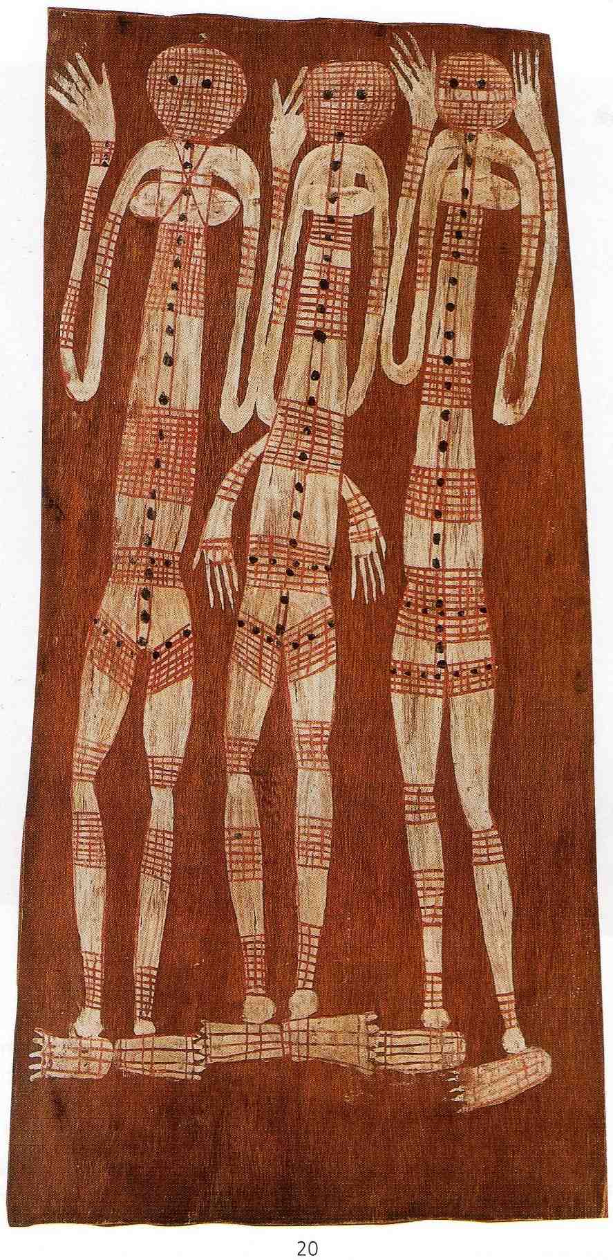 Aboriginal bark painting of three female spirits by Jimmy Mijau Midjau