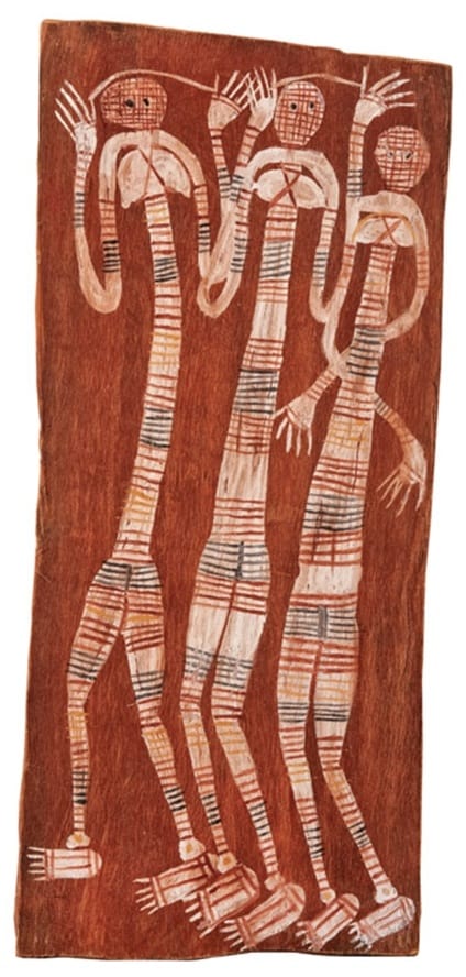 Three femal spirits painted ob bark by Midjawmiadjaw