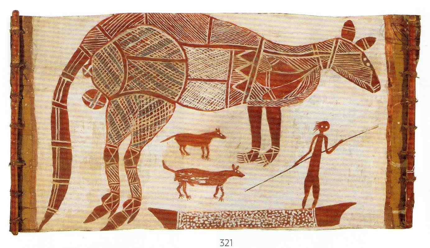 Hunting scene painted on bark by aboriginal artist Jimmy Mijau Midjau