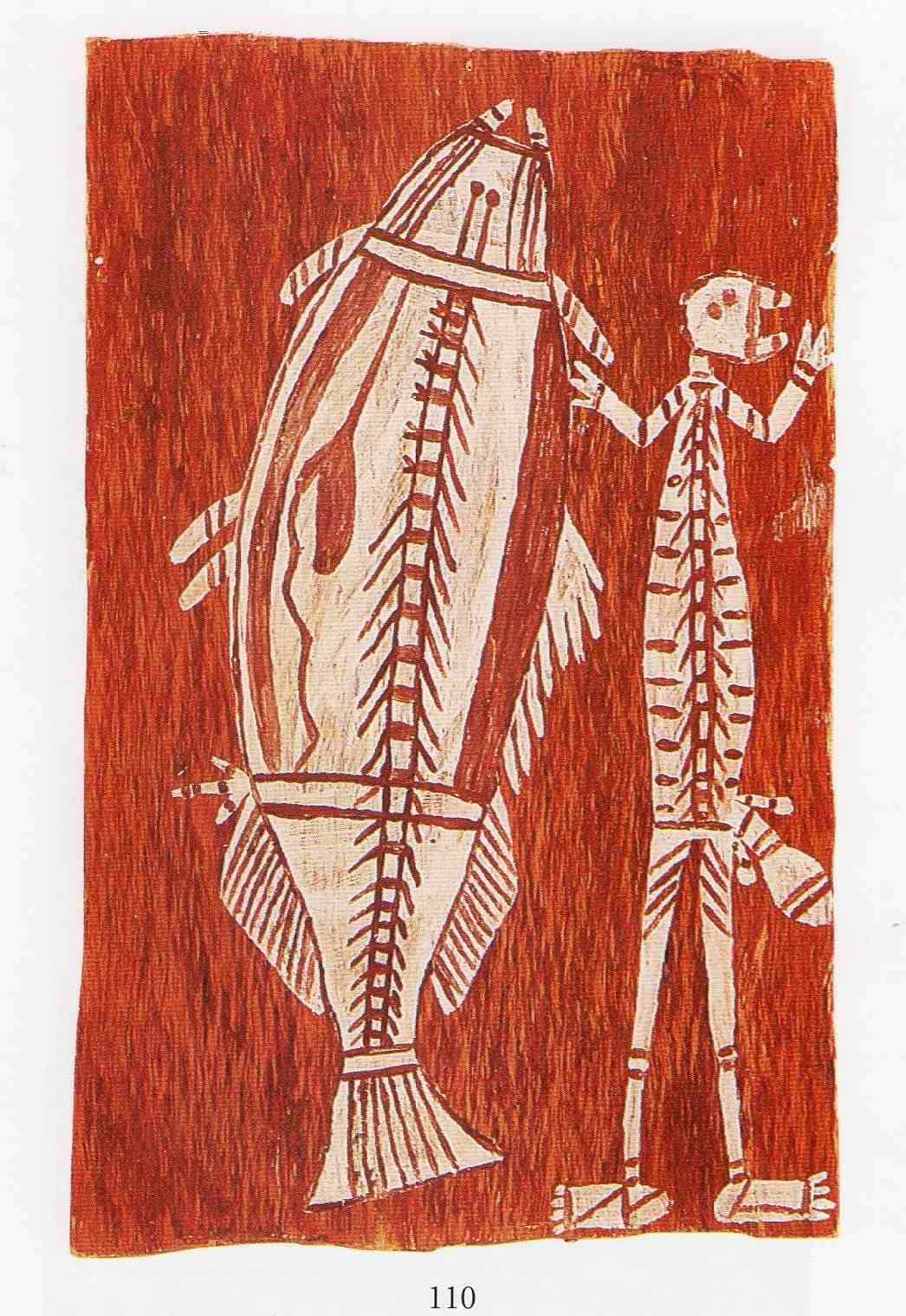 nangunyari bark painting of a person and a fish