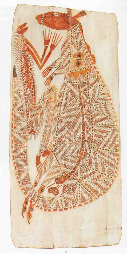Aboriginal painting od a kangaroo and a mimi spirit by Yirrwala