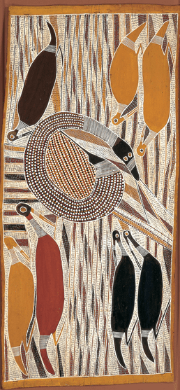 bark painting of birds and coiled snake by Mithinari Gurruwiwi