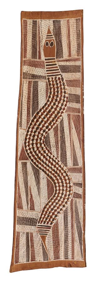 Bark painting of a snake by Mitinari Gurruwiwi