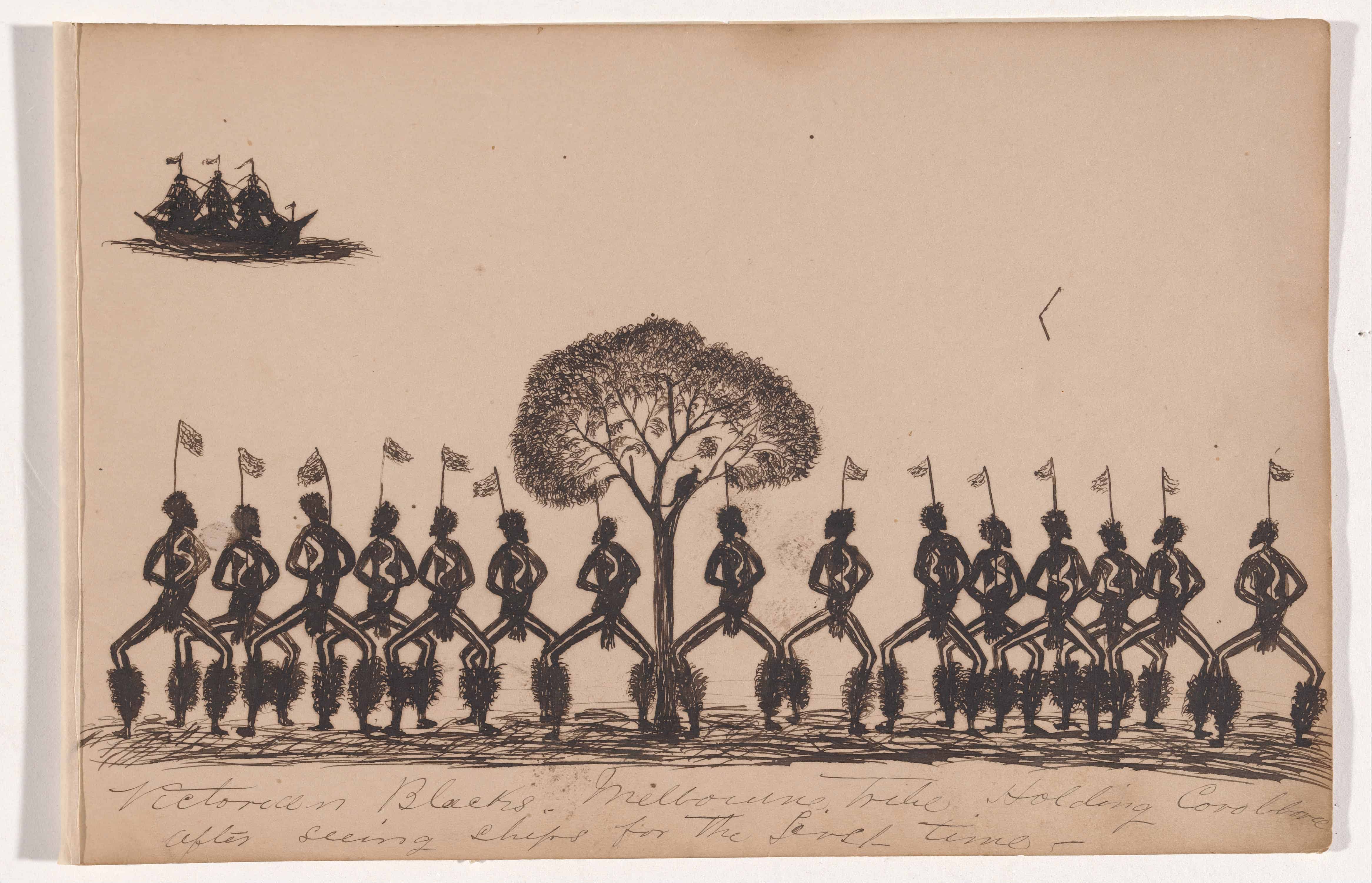 Tommy_McRAE_-_Kwatkwat_people_-_Victorian_Blacks_-_Melbourne_tribe_holding_corroboree_after_seeing_ships_for_the_first_time-Sketchbo..._-_Google_Art_Project