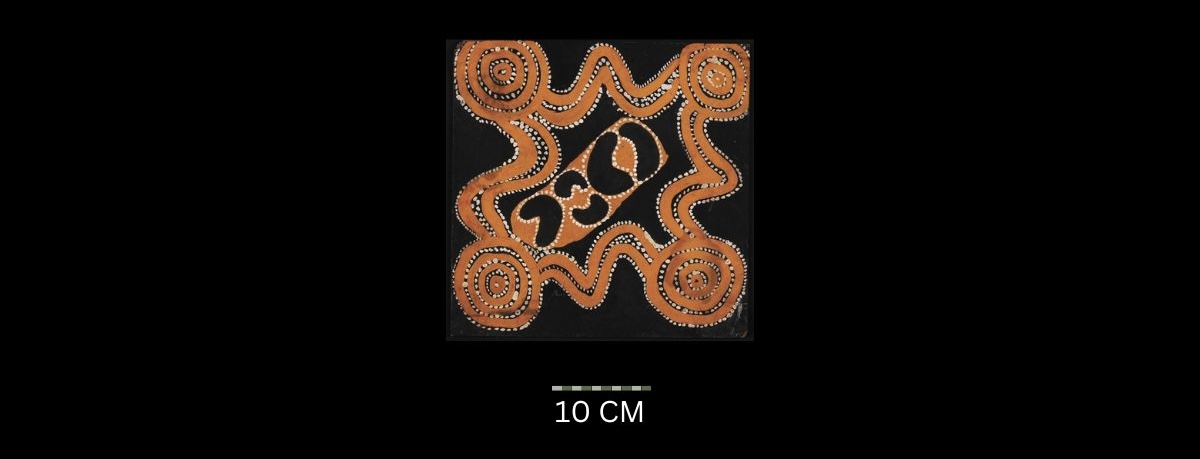 Men's Traveling Dreaming 1971 Australian Aboriginal painting by Timmy Payungka Tjapangati titled Cave story painted in 1971