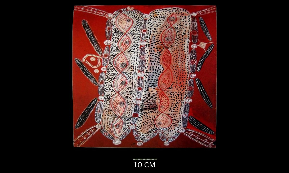 Big Corroboree 1972 Australian Aboriginal painting by Timmy Payungka Tjapangati titled Cave story painted in 1971