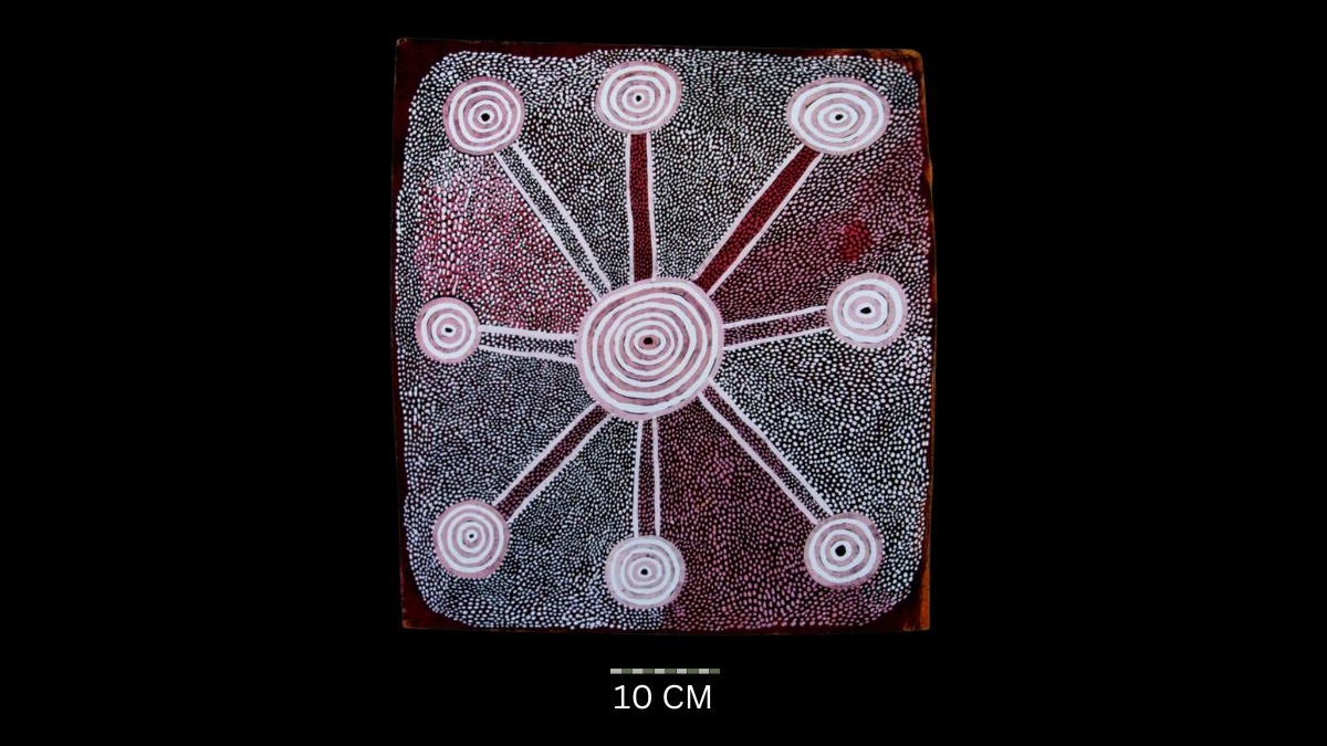 Old Mans Story 1972 Australian Aboriginal painting by John Kipara Tjakamarra titled Men and Women 1972