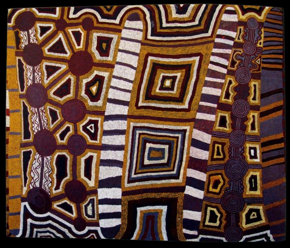 Parayirrpilnya 1985 Australian Aboriginal painting by Timmy Payungka Tjapangati titled Cave story painted in 1971