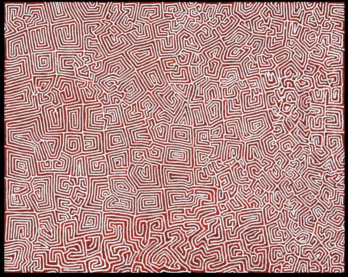 Untitled, 1997 Australian Aboriginal painting by Timmy Payungka Tjapangati titled Cave story painted in 1971