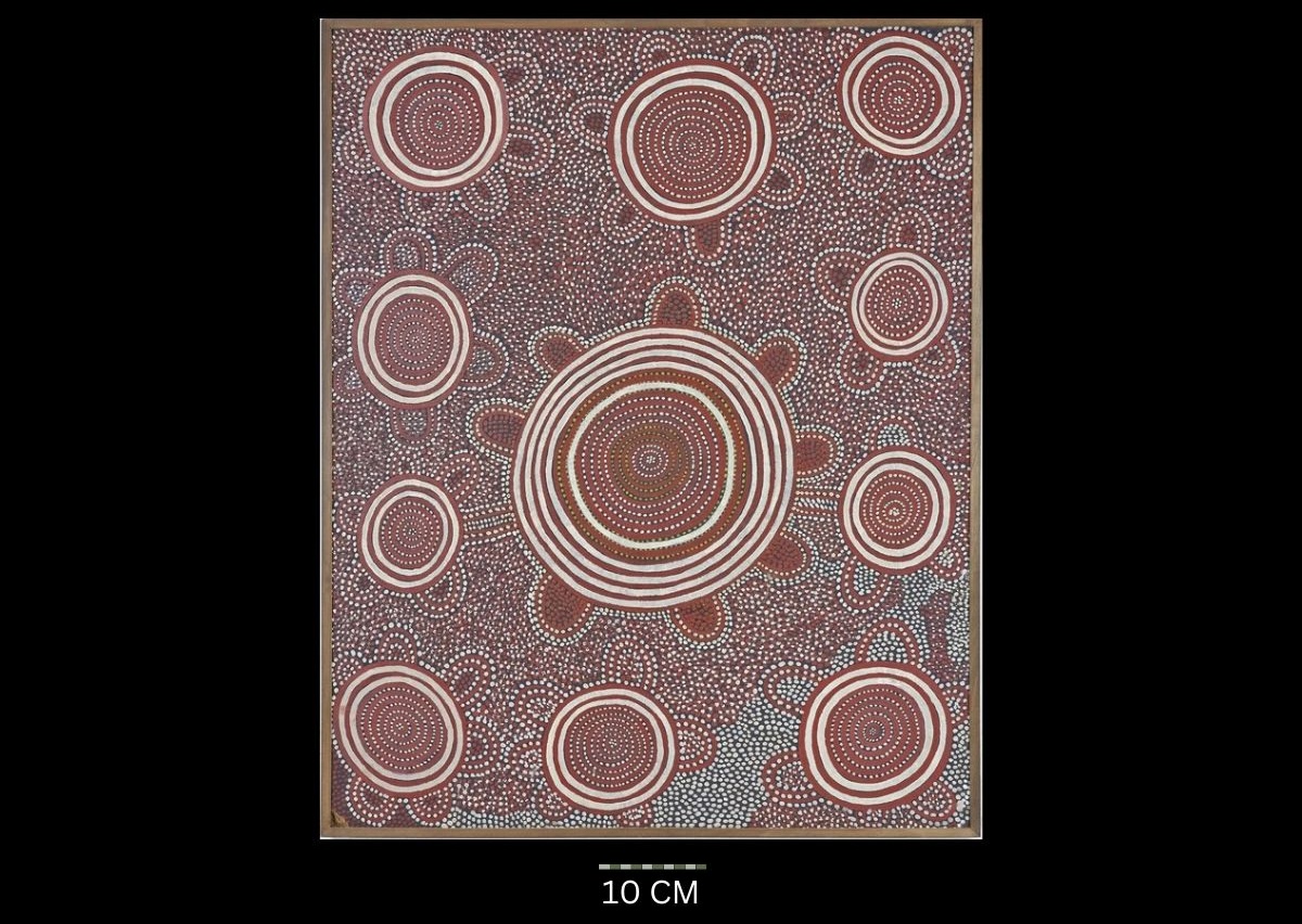 Tingari Dreaming at Warupuyunya Circa 1974 Australian Aboriginal painting by John Kipara Tjakamarra titled Men and Women 1972