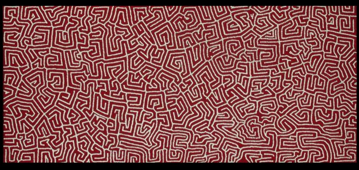 Tingari Cycle at Wilkinkarra, 1997 Australian Aboriginal painting by Timmy Payungka Tjapangati titled Cave story painted in 1971