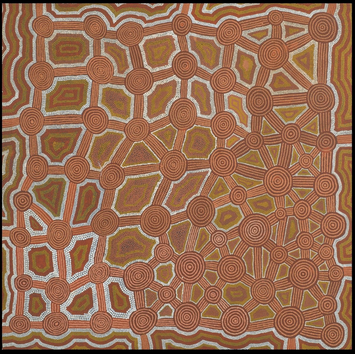 Parrapi, 1985 Australian Aboriginal painting by Timmy Payungka Tjapangati titled Cave story painted in 1971