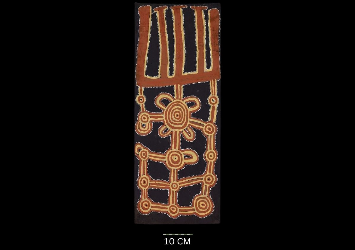 Corroboree Man Sitting in Cave (1971) Australian Aboriginal painting by John Kipara Tjakamarra titled Men and Women 1972