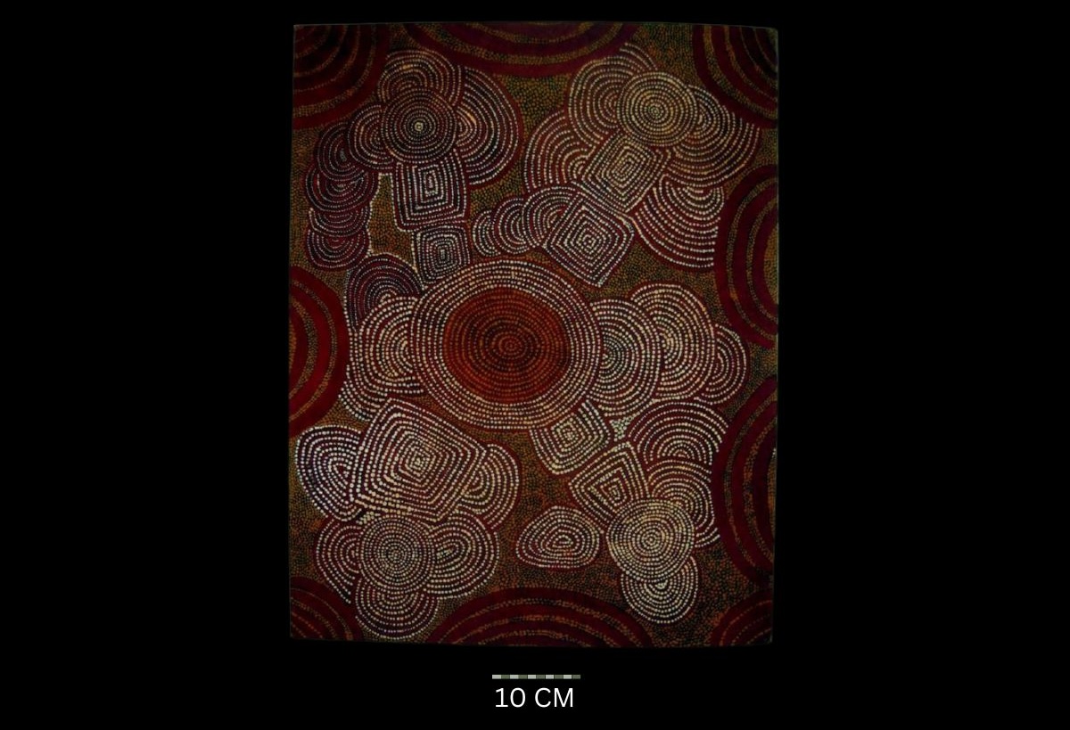 Untitled 1976 Australian Aboriginal painting by Timmy Payungka Tjapangati titled Cave story painted in 1971