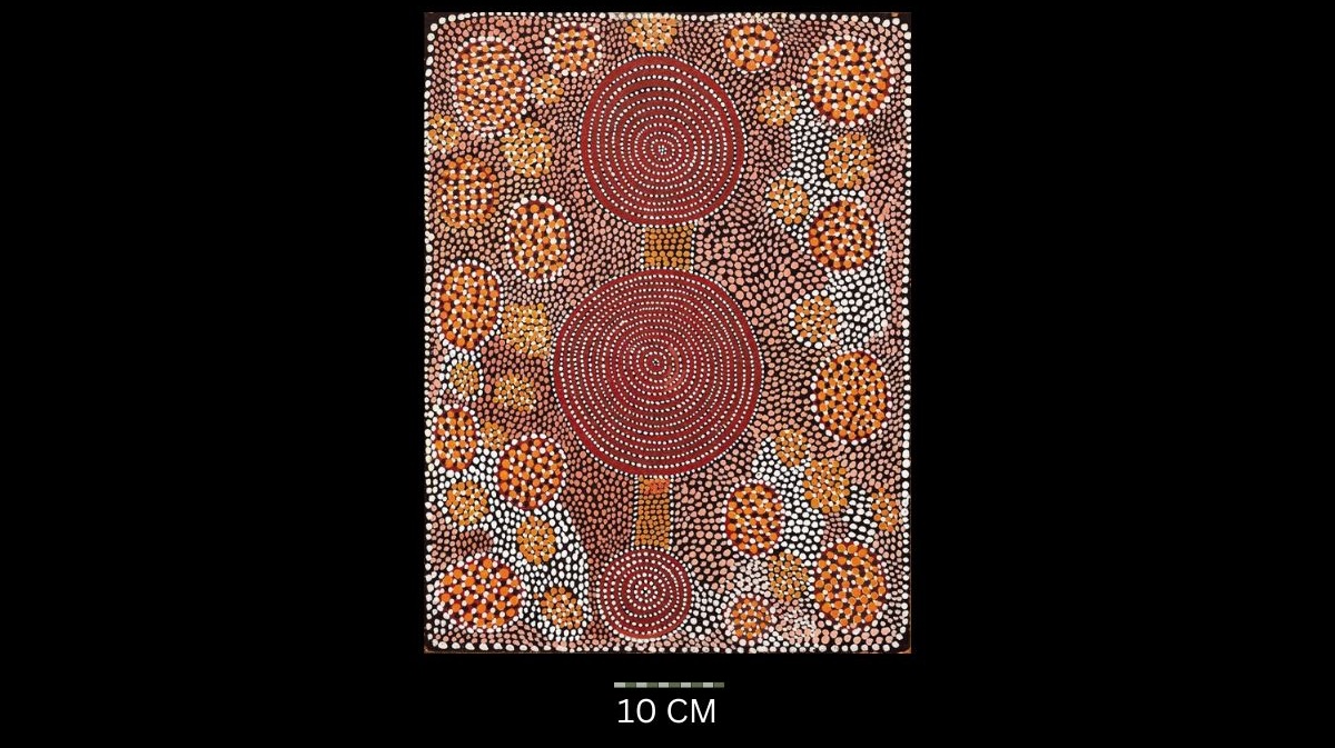 Claypans at Paratjakultjini, 1973 Australian Aboriginal painting by John Kipara Tjakamarra titled Men and Women 1972