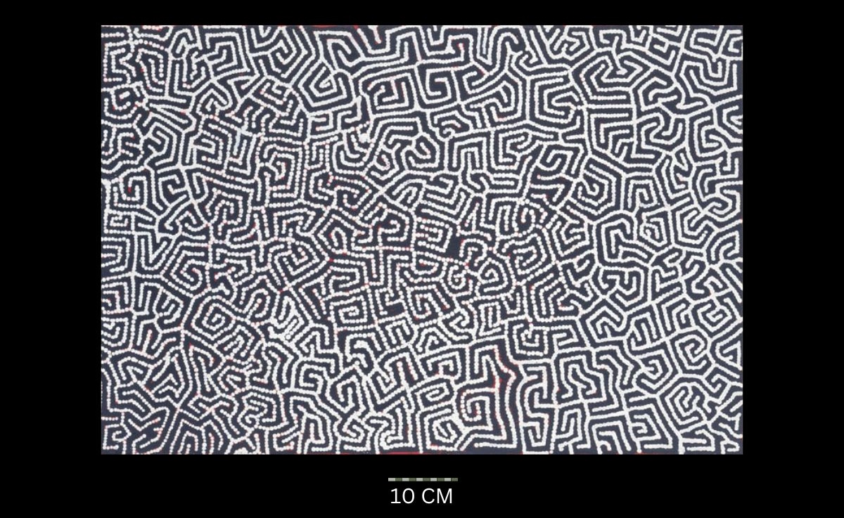 Untitled Australian Aboriginal painting by Timmy Payungka Tjapangati titled Cave story painted in 1971