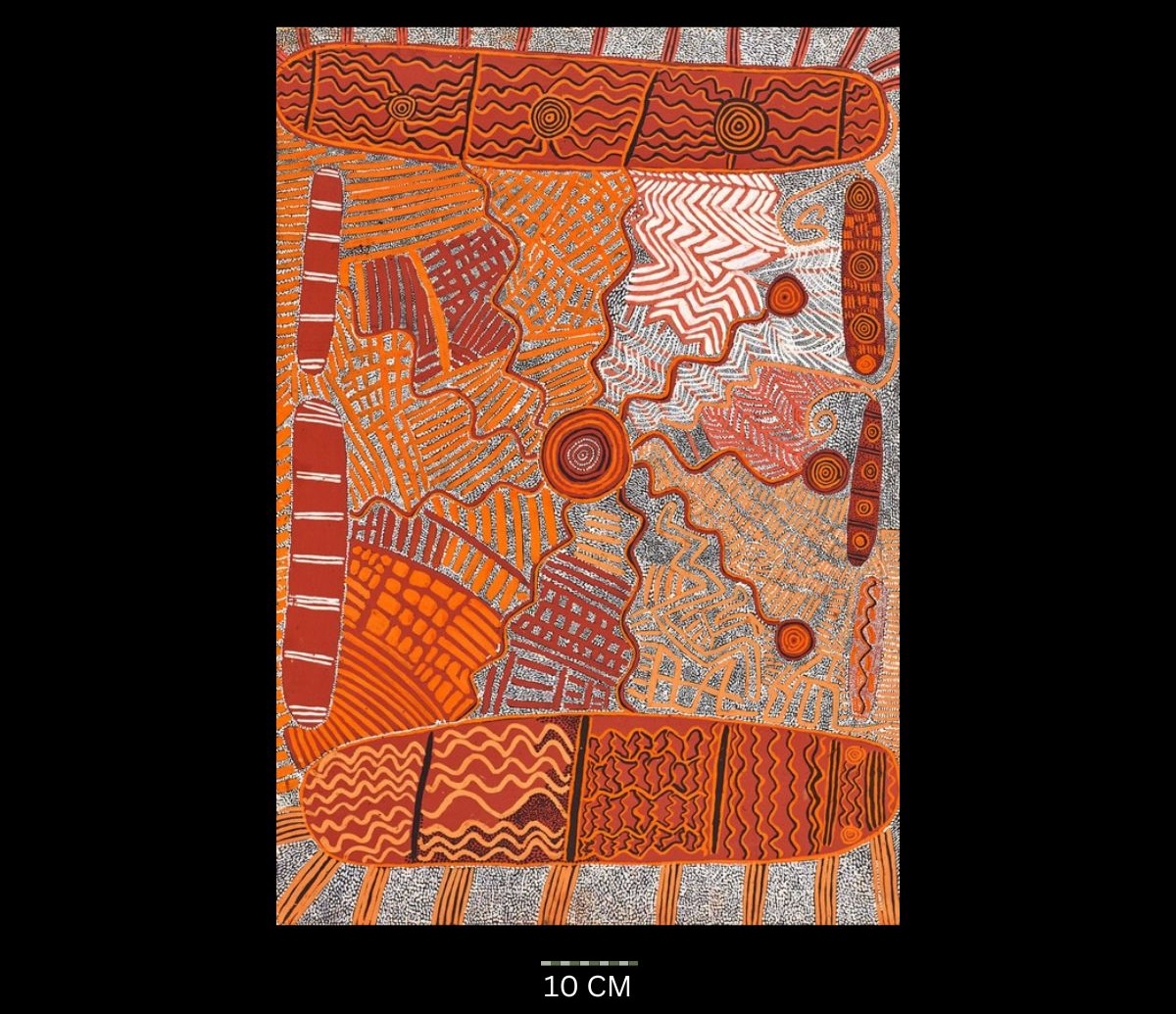 Ngapa Tjkurrpa (Water Dreaming) (1972) Australian Aboriginal painting by Timmy Payungka Tjapangati titled Cave story painted in 1971