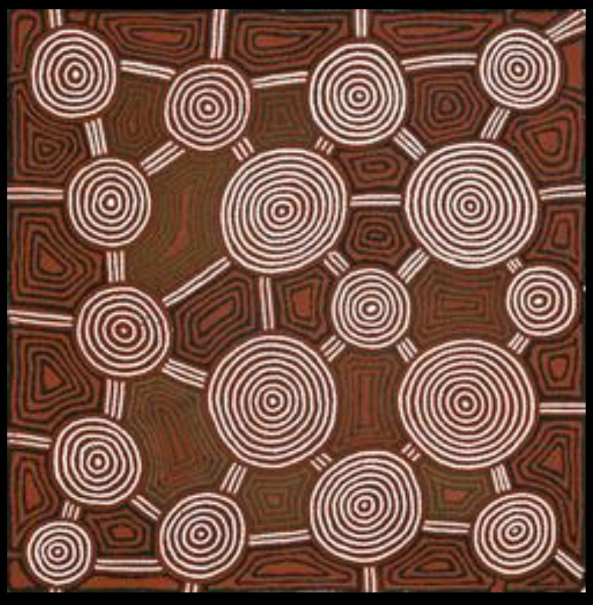 Kaakaratintja (Lake Macdonald), 1987 Australian Aboriginal painting by John Kipara Tjakamarra titled Men and Women 1972