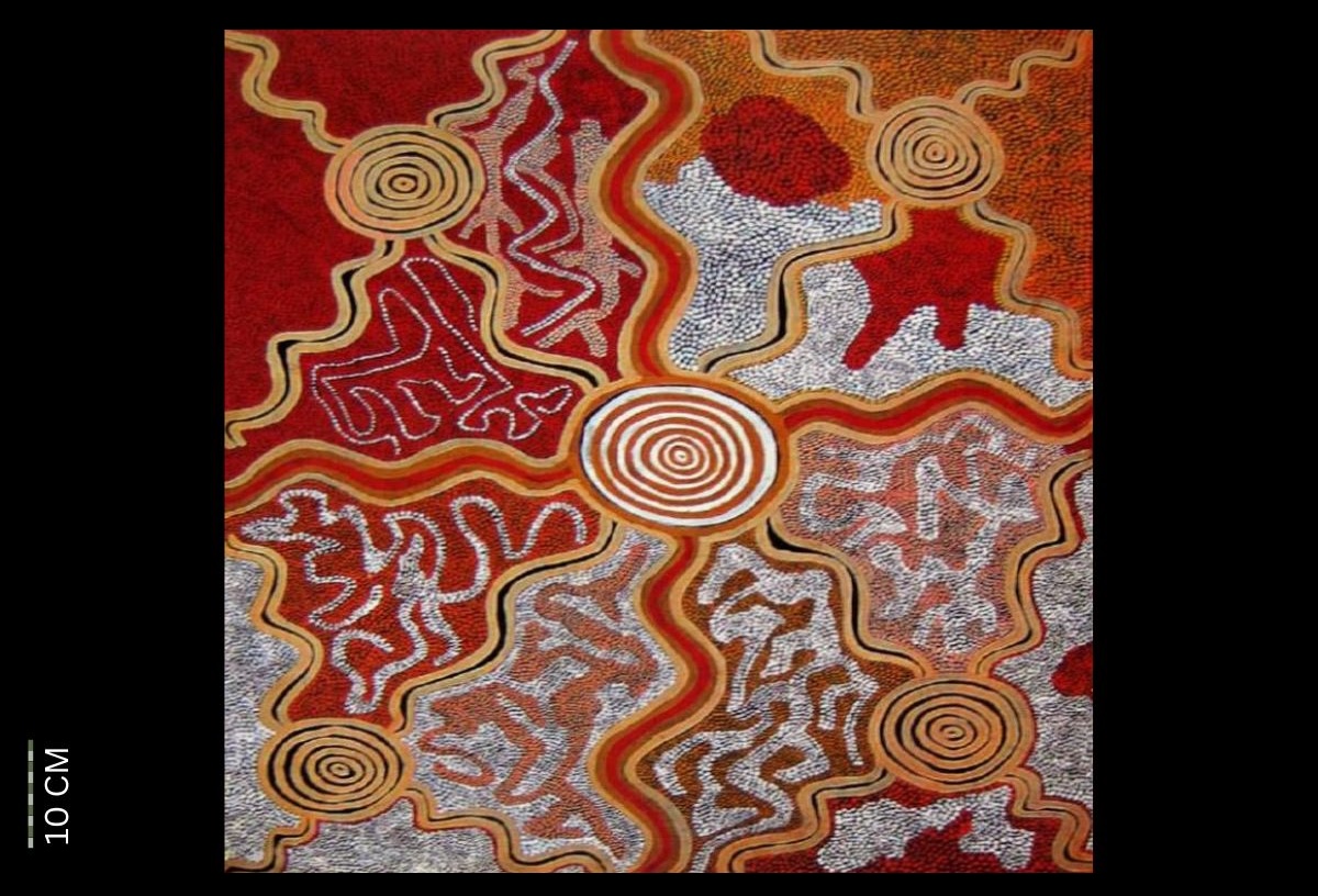 Two Children at Pirriyapurupurunya 1973 Australian Aboriginal painting by Timmy Payungka Tjapangati titled Cave story painted in 1971