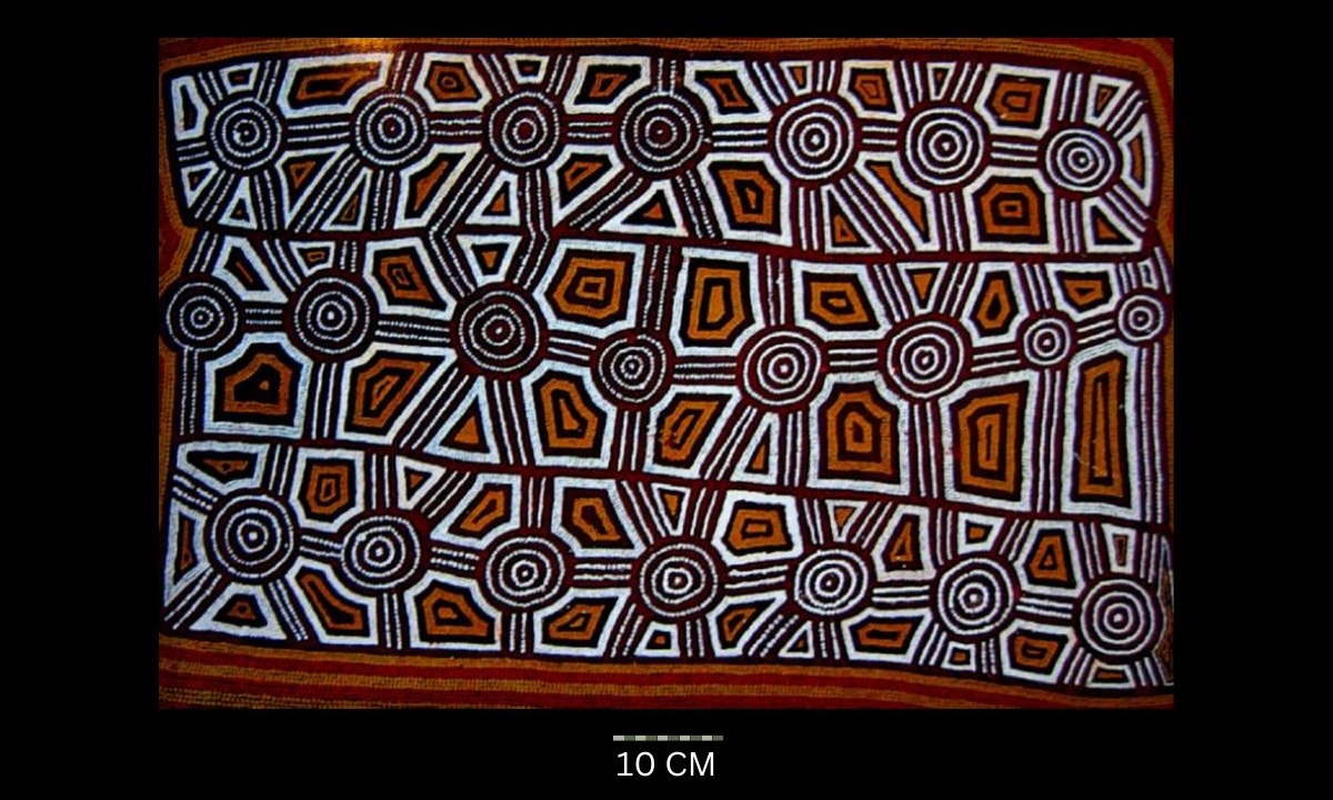 Untitled 1987 Australian Aboriginal painting by Timmy Payungka Tjapangati titled Cave story painted in 1971