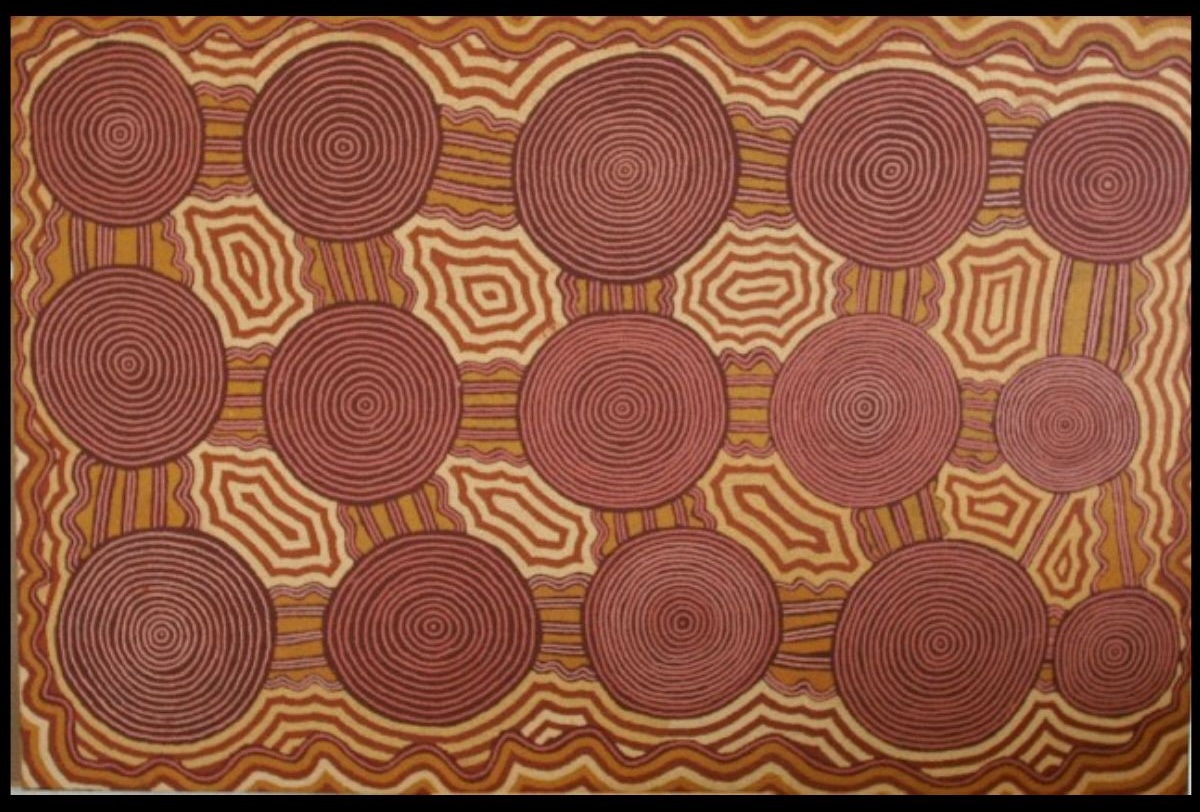Kanakulanga 1988 Australian Aboriginal painting by Timmy Payungka Tjapangati titled Cave story painted in 1971