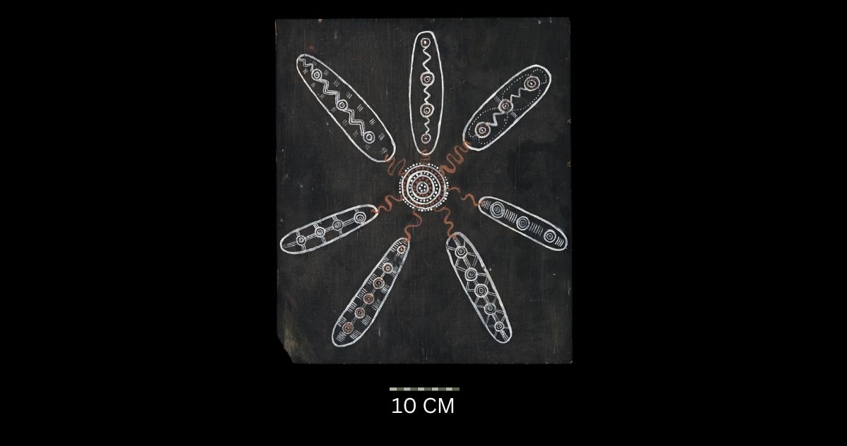 Untitled, c1974 Australian Aboriginal painting by Timmy Payungka Tjapangati titled Cave story painted in 1971