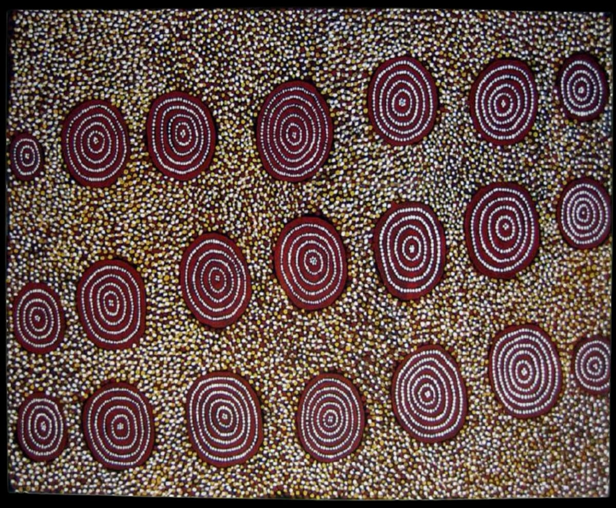 Tingari Men Travelling to Lintjinya 1992 Australian Aboriginal painting by John Kipara Tjakamarra titled Men and Women 1972