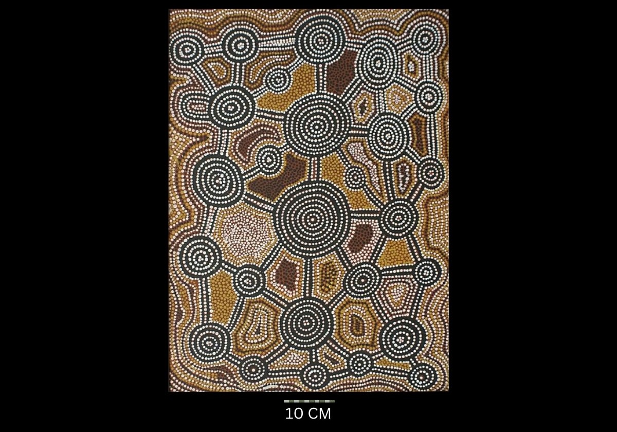 Barratjakuti 1979 Australian Aboriginal painting by John Kipara Tjakamarra titled Men and Women 1972