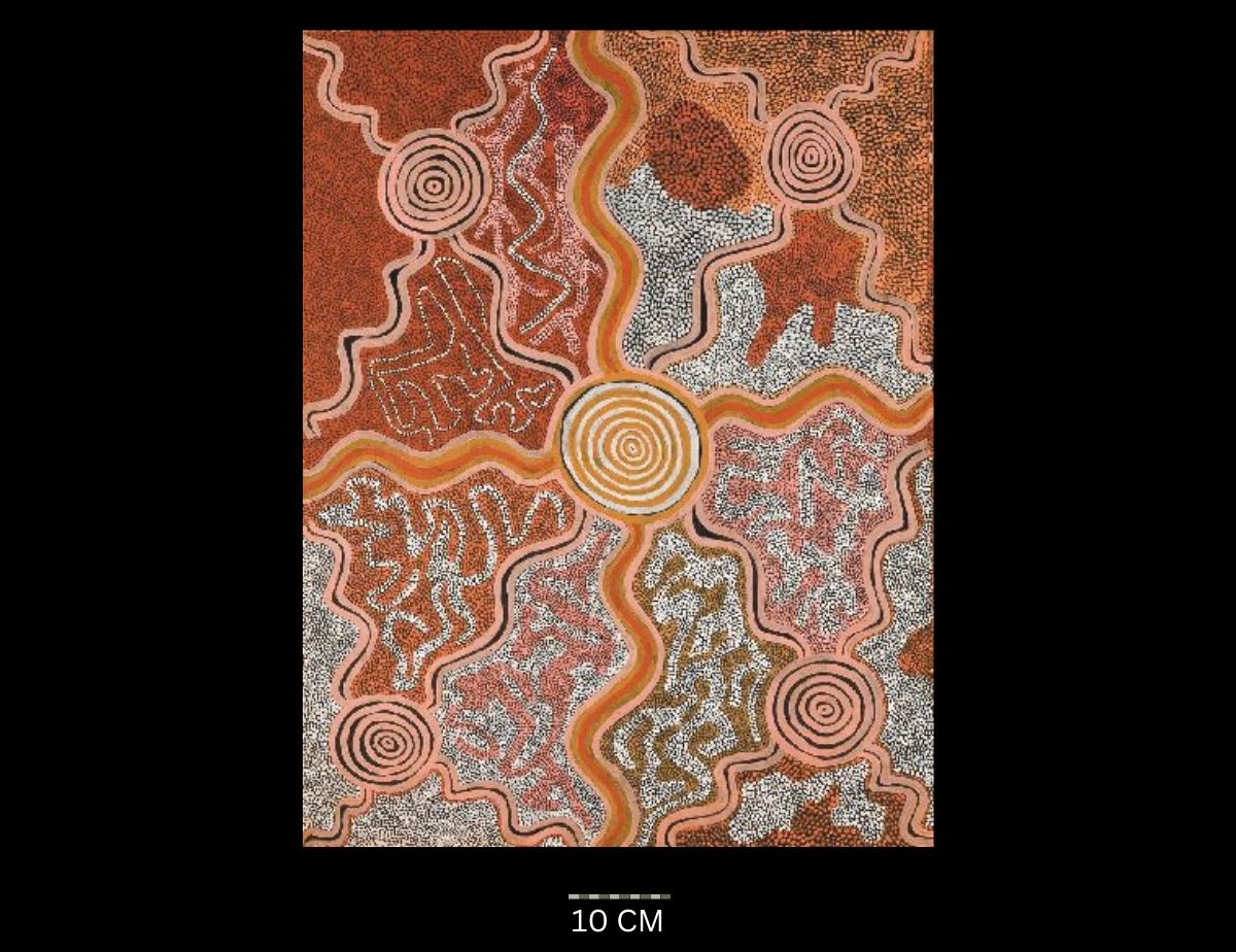 Two Children at Piriyapurapuranja, 1973 Australian Aboriginal painting by Timmy Payungka Tjapangati titled Cave story painted in 1971