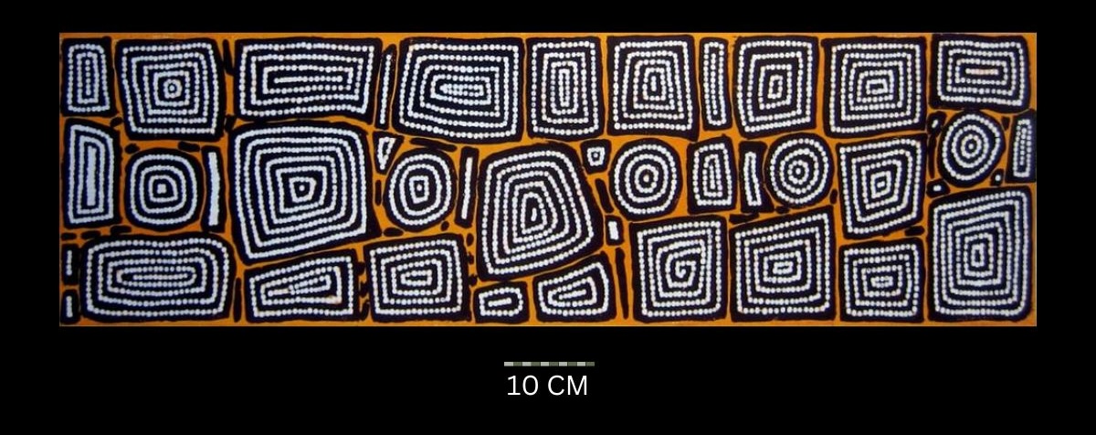 Untitled 1996 Australian Aboriginal painting by Timmy Payungka Tjapangati titled Cave story painted in 1971