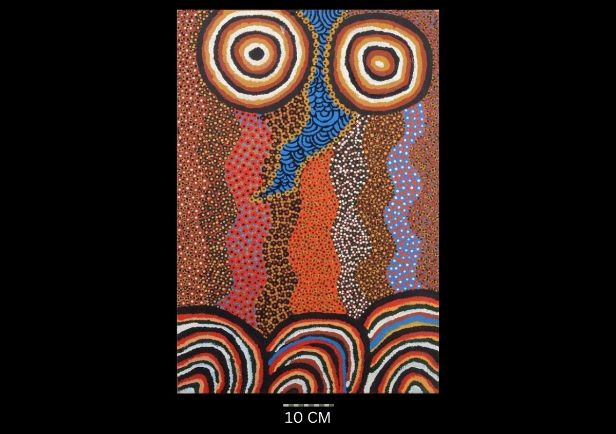 Eagle Dreaming Story (Tjungimunda Hills Near Father's Country - Kiwikurra, Great Sandy Desert) 1999 Australian Aboriginal painting by John Kipara Tjakamarra titled Men and Women 1972