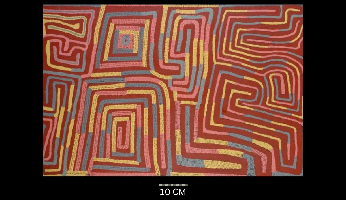 Untitled 1994 Australian Aboriginal painting by Timmy Payungka Tjapangati titled Cave story painted in 1971