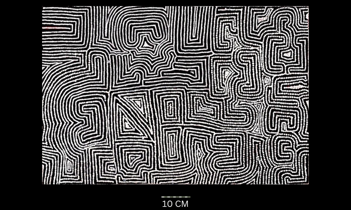 Untitled, 1996 Australian Aboriginal painting by Timmy Payungka Tjapangati titled Cave story painted in 1971