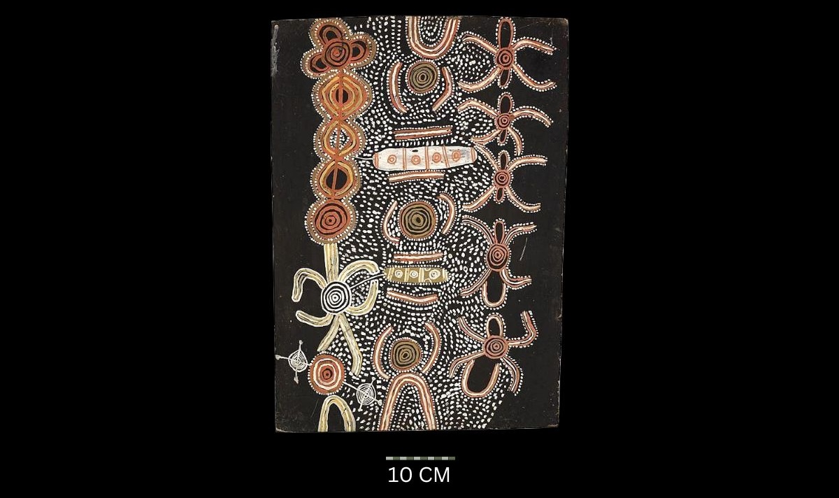 Corroboree (1972) Australian Aboriginal painting by Timmy Payungka Tjapangati titled Cave story painted in 1971
