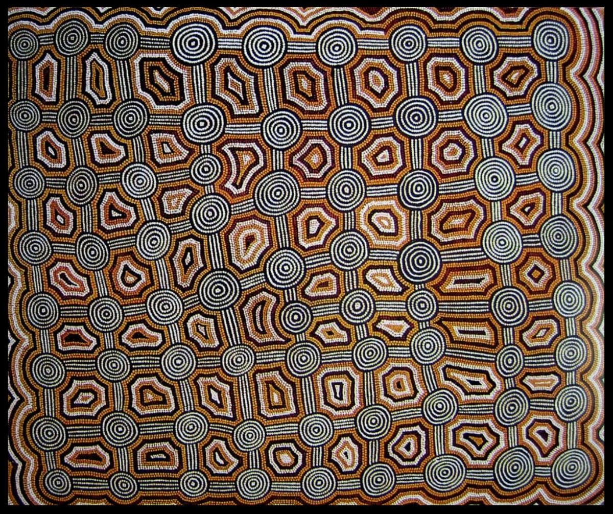 Designs Associated with the Tingari Events at Karrkurrutintja 1987 Australian Aboriginal painting by John Kipara Tjakamarra titled Men and Women 1972