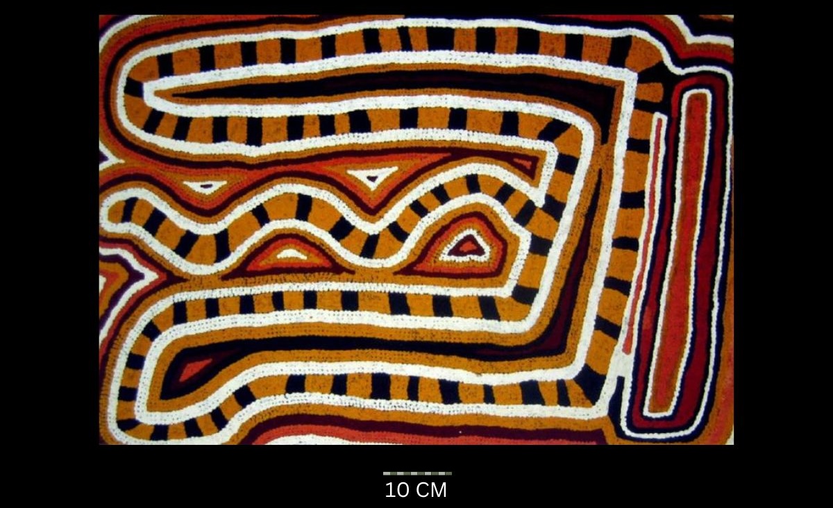 Untitled 1993 Australian Aboriginal painting by Timmy Payungka Tjapangati titled Cave story painted in 1971