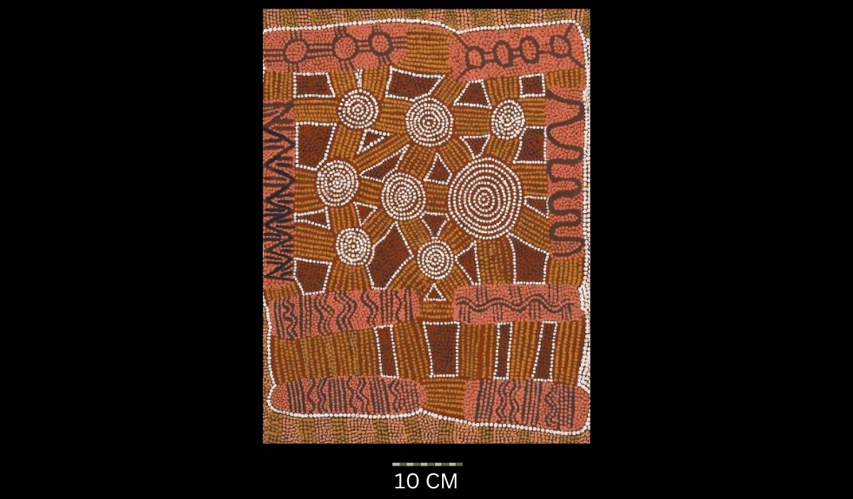 Ceremonial Designs Near Lake Mackay, 2000 Australian Aboriginal painting by Timmy Payungka Tjapangati titled Cave story painted in 1971