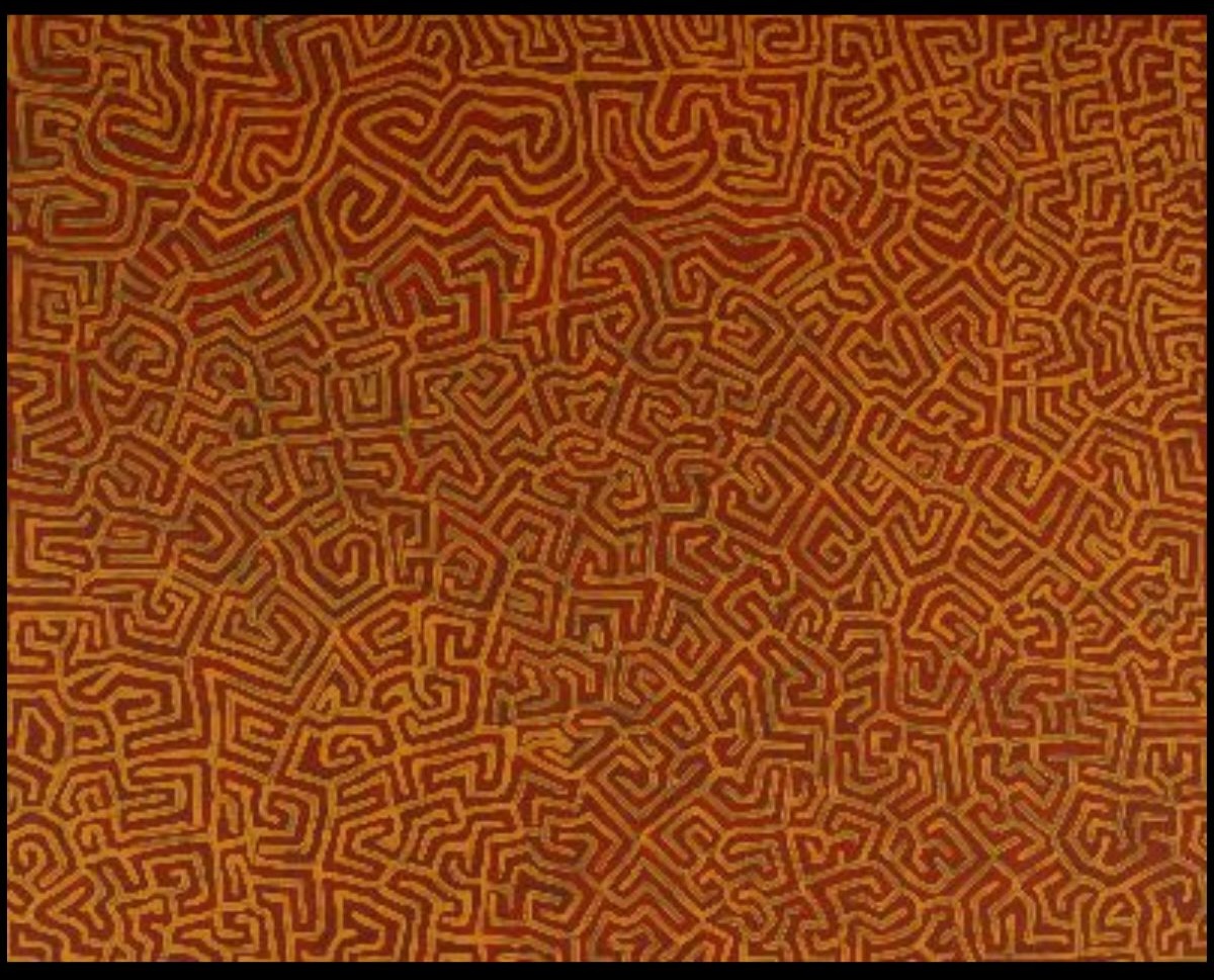 Tingari Cycle Australian Aboriginal painting by Timmy Payungka Tjapangati titled Cave story painted in 1971