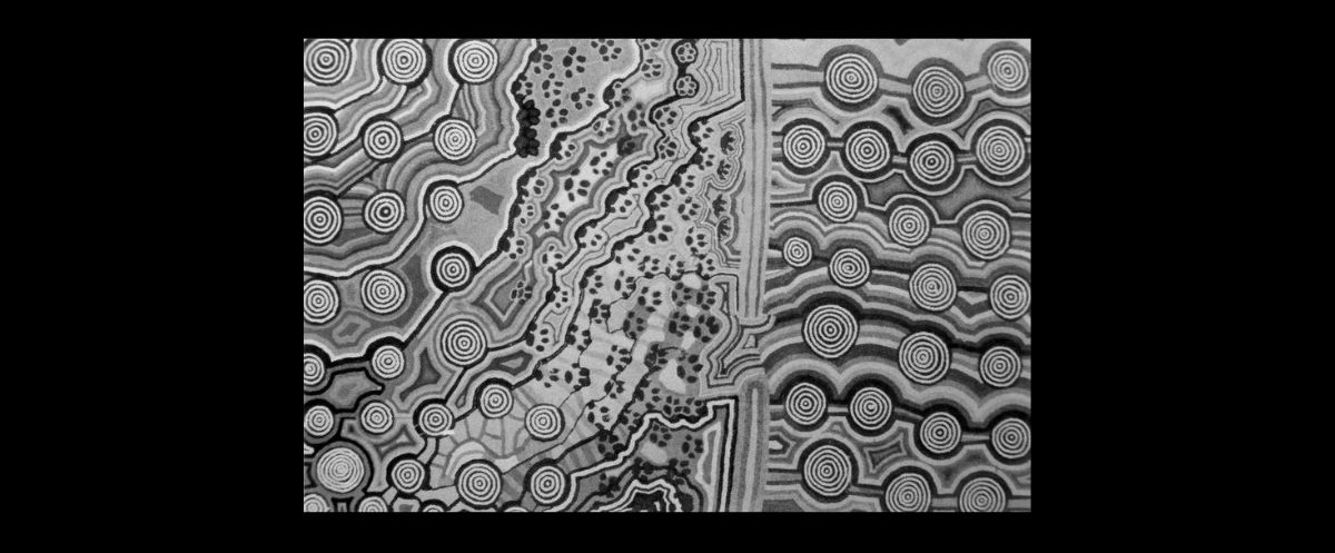 Dingo Dreaming Australian Aboriginal painting by Timmy Payungka Tjapangati titled Cave story painted in 1971