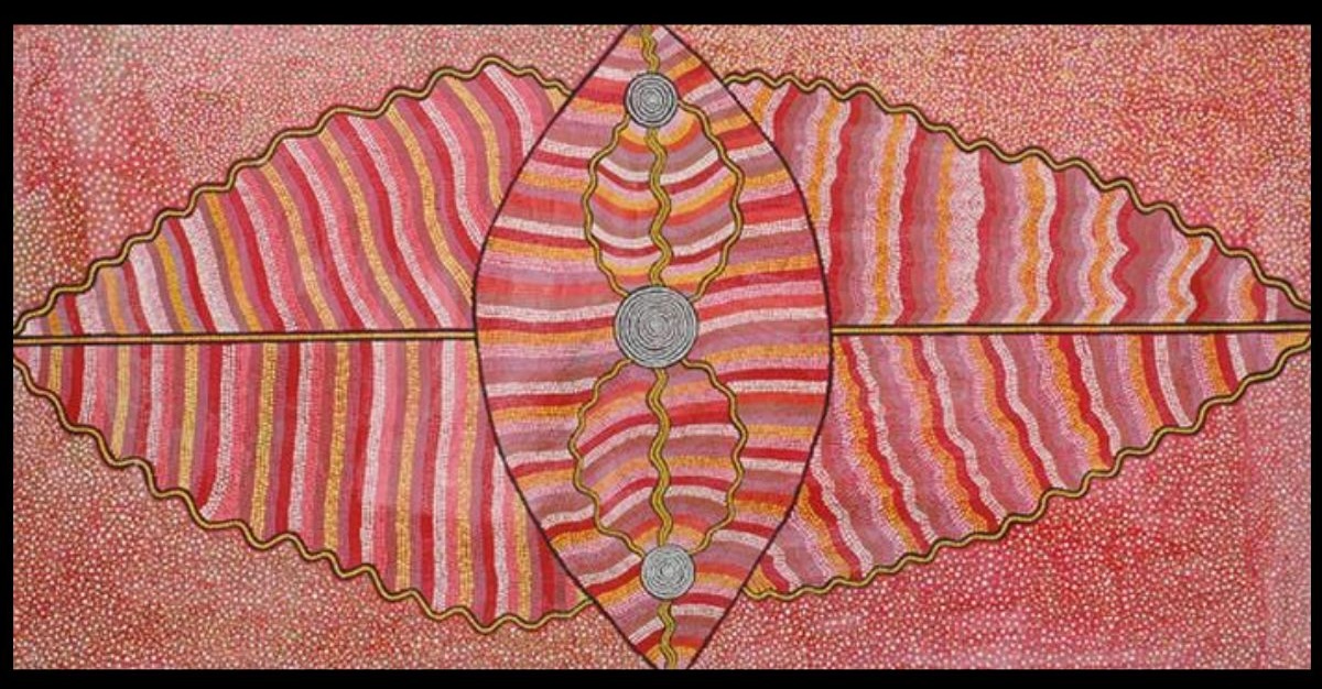 Sacred Cave Dreaming 1989 Australian Aboriginal painting by John Kipara Tjakamarra titled Men and Women 1972