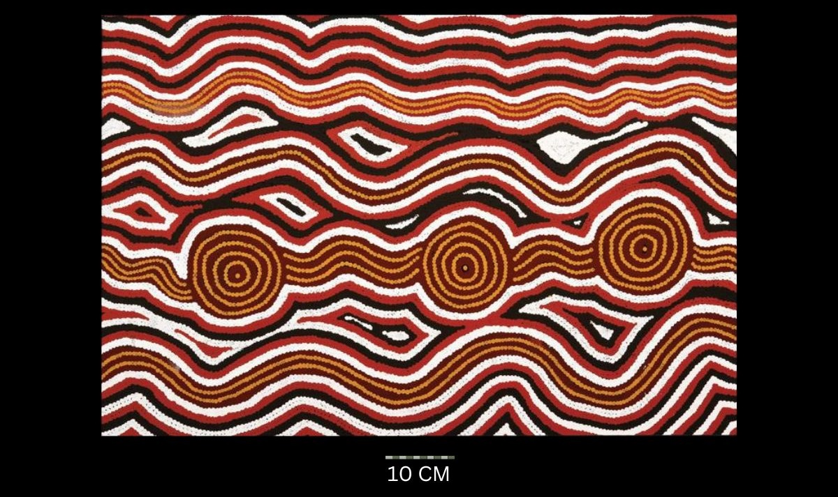 Tingari Ceremonies at Weti, 1992 Australian Aboriginal painting by Timmy Payungka Tjapangati titled Cave story painted in 1971