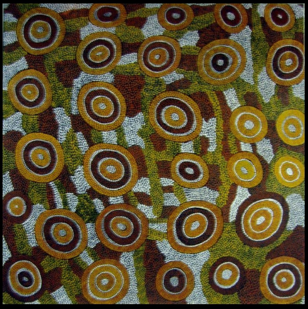 Bushfire Story Associated with the Site of Walungkakulpa, 1985 Australian Aboriginal painting by John Kipara Tjakamarra titled Men and Women 1972