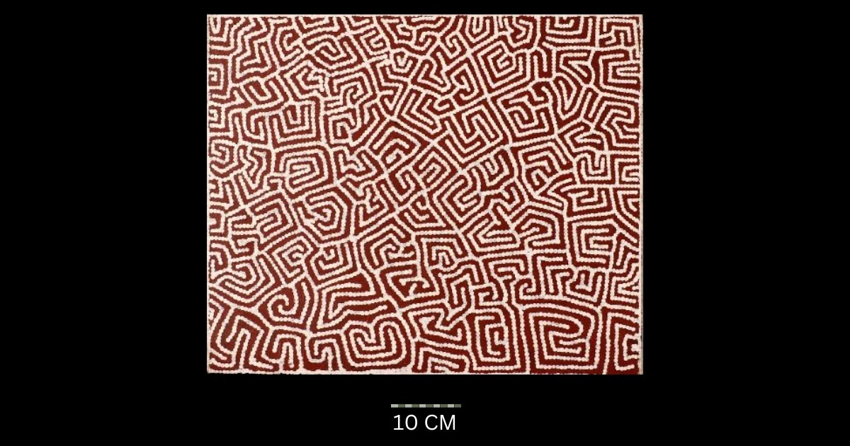 Tingari Cycle, 1997 Australian Aboriginal painting by Timmy Payungka Tjapangati titled Cave story painted in 1971