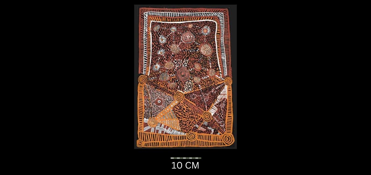 My Country (Homeland) Bush Tucker Story, 1972 Australian Aboriginal painting by Timmy Payungka Tjapangati titled Cave story painted in 1971