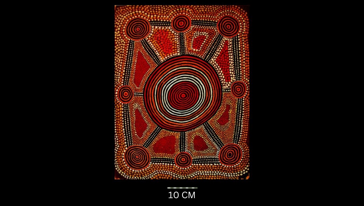 Untitled c. 1974 Australian Aboriginal painting by John Kipara Tjakamarra titled Men and Women 1972