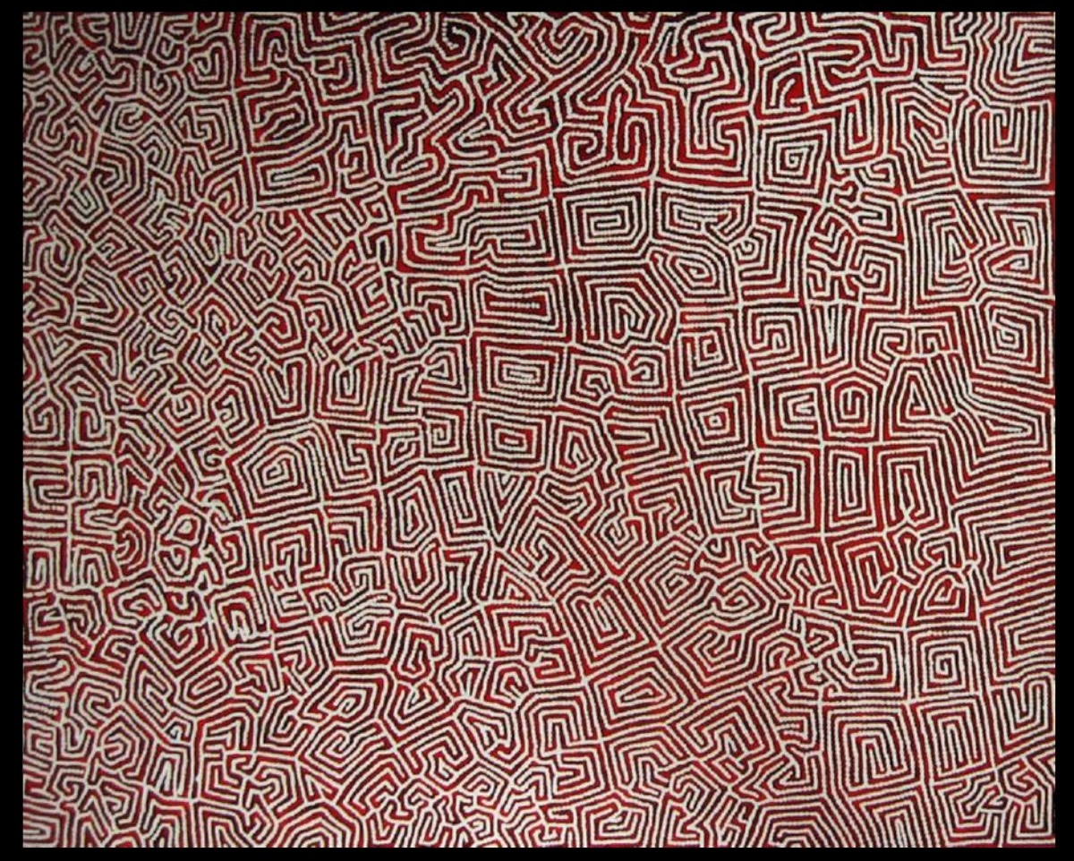Kangaroo and Fire Dreaming Australian Aboriginal painting by Timmy Payungka Tjapangati titled Cave story painted in 1971